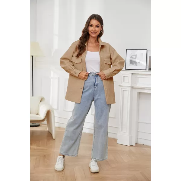 OSTOO Womens 2024 Oversized Lightweight Long Sleeves Shacket Jacket Button Down Wool Blend Coats with PocketsCamel