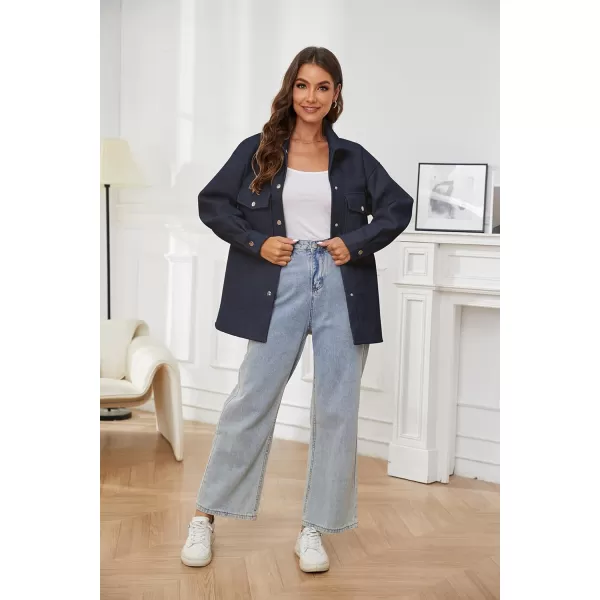 OSTOO Womens 2024 Oversized Lightweight Long Sleeves Shacket Jacket Button Down Wool Blend Coats with PocketsNavy