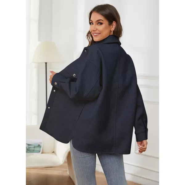 OSTOO Womens 2024 Oversized Lightweight Long Sleeves Shacket Jacket Button Down Wool Blend Coats with PocketsNavy