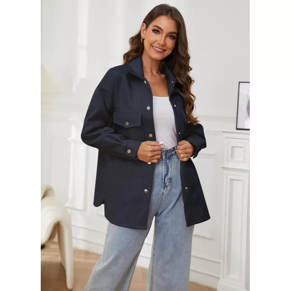 OSTOO Womens 2024 Oversized Lightweight Long Sleeves Shacket Jacket Button Down Wool Blend Coats with PocketsNavy