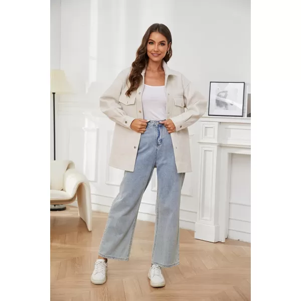 OSTOO Womens 2024 Oversized Lightweight Long Sleeves Shacket Jacket Button Down Wool Blend Coats with PocketsOffwhite