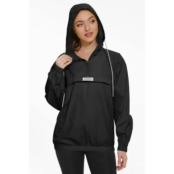 OSTOO Womens Running Cycling Lightweight Rain Jacket Waterproof with Hood Hiking Wind Breakers PulloverBlack