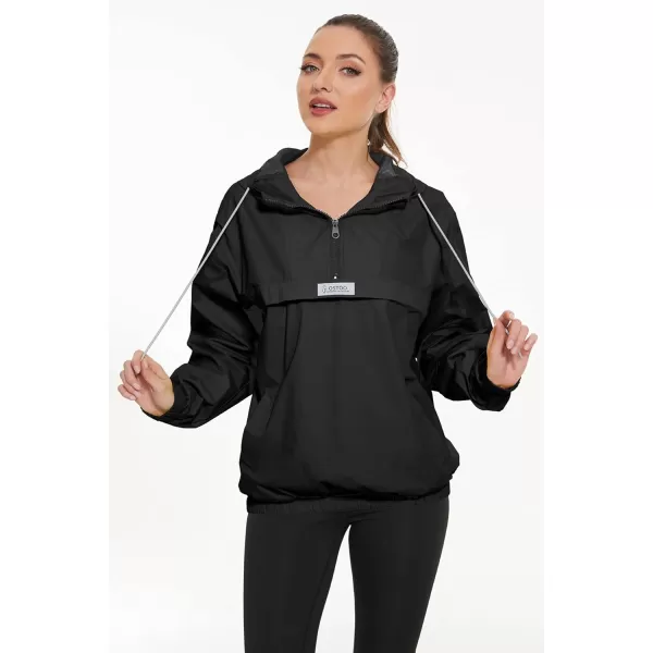 OSTOO Womens Running Cycling Lightweight Rain Jacket Waterproof with Hood Hiking Wind Breakers PulloverBlack