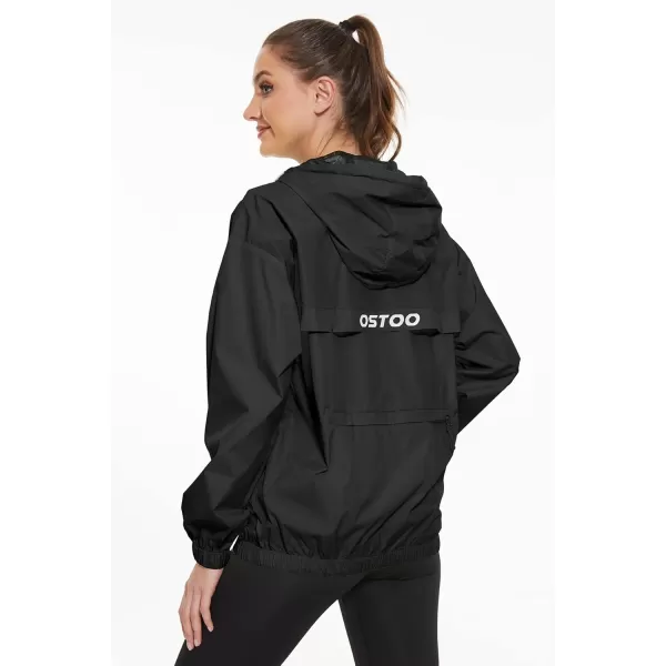 OSTOO Womens Running Cycling Lightweight Rain Jacket Waterproof with Hood Hiking Wind Breakers PulloverBlack