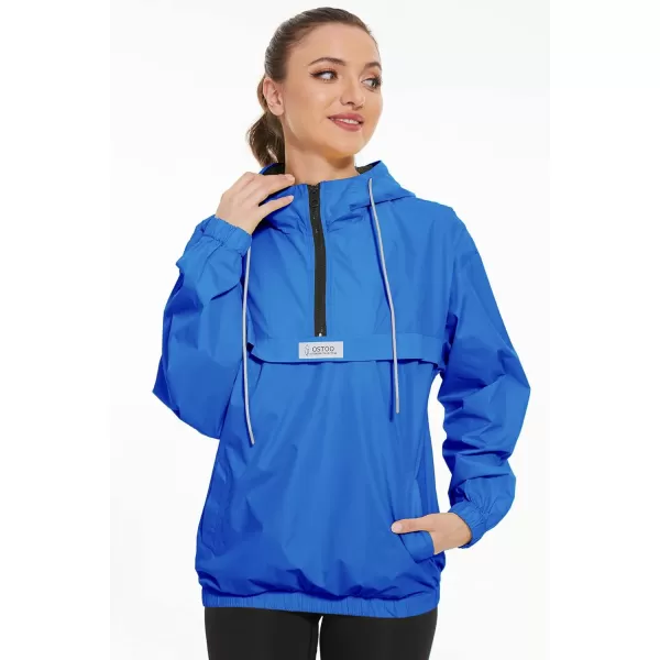 OSTOO Womens Running Cycling Lightweight Rain Jacket Waterproof with Hood Hiking Wind Breakers PulloverBlue