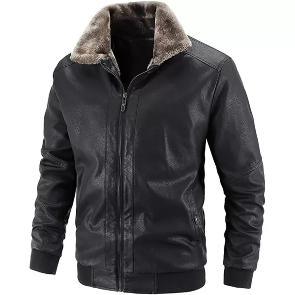 chouyatou Mens Casual Fur Collar Sherpa Lined Winter Faux Leather Bomber JacketBlack