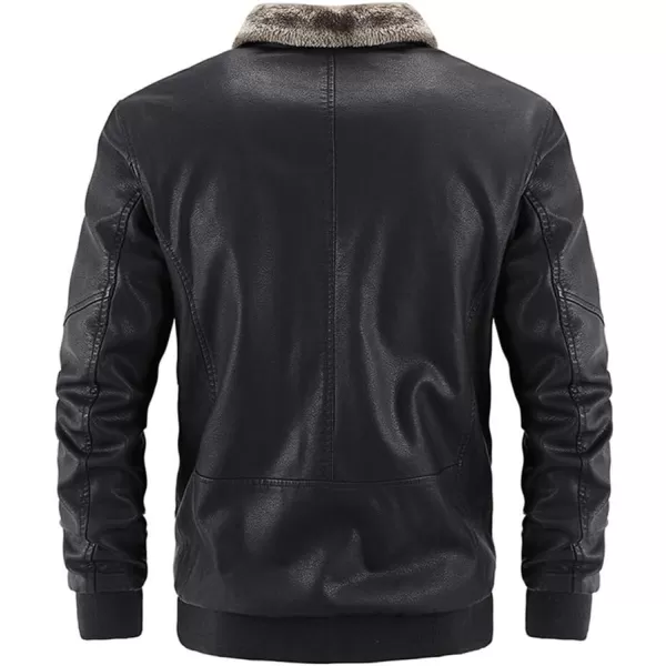 chouyatou Mens Casual Fur Collar Sherpa Lined Winter Faux Leather Bomber JacketBlack