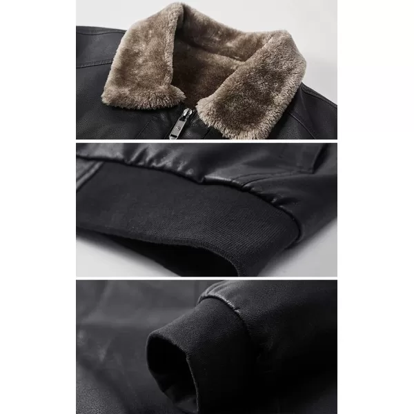 chouyatou Mens Casual Fur Collar Sherpa Lined Winter Faux Leather Bomber JacketBlack