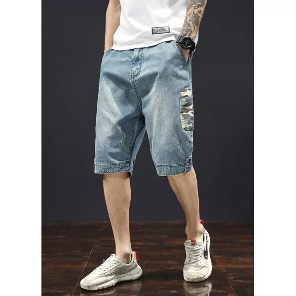 chouyatou Mens Knee Length Camouflage Patch Splicing Summer Jean Shorts 33 Blue