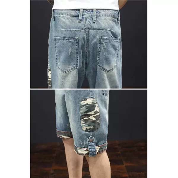 chouyatou Mens Knee Length Camouflage Patch Splicing Summer Jean Shorts 42 Blue