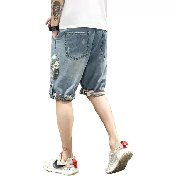 chouyatou Mens Knee Length Camouflage Patch Splicing Summer Jean Shorts 42 Blue