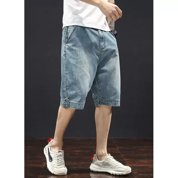 chouyatou Mens Knee Length Camouflage Patch Splicing Summer Jean Shorts 42 Blue