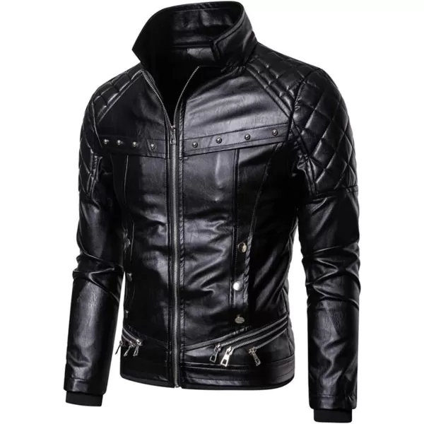 chouyatou Mens Removable Fur Collar Sherpa Lined Steampunk Faux Leather JacketBlack