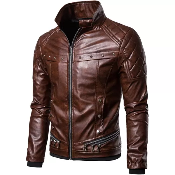 chouyatou Mens Removable Fur Collar Sherpa Lined Steampunk Faux Leather JacketBrown