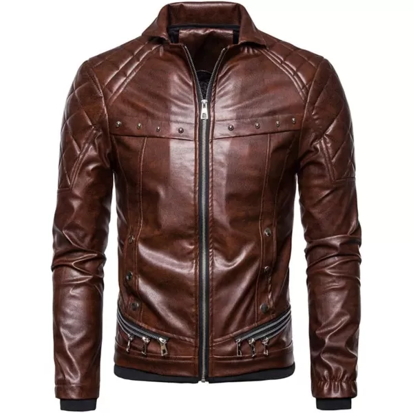 chouyatou Mens Removable Fur Collar Sherpa Lined Steampunk Faux Leather JacketBrown