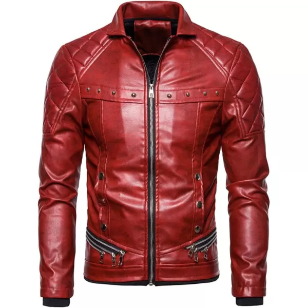 chouyatou Mens Removable Fur Collar Sherpa Lined Steampunk Faux Leather JacketRed