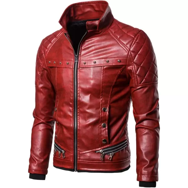 chouyatou Mens Removable Fur Collar Sherpa Lined Steampunk Faux Leather JacketRed
