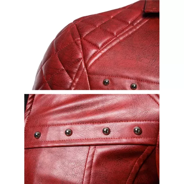 chouyatou Mens Removable Fur Collar Sherpa Lined Steampunk Faux Leather JacketRed