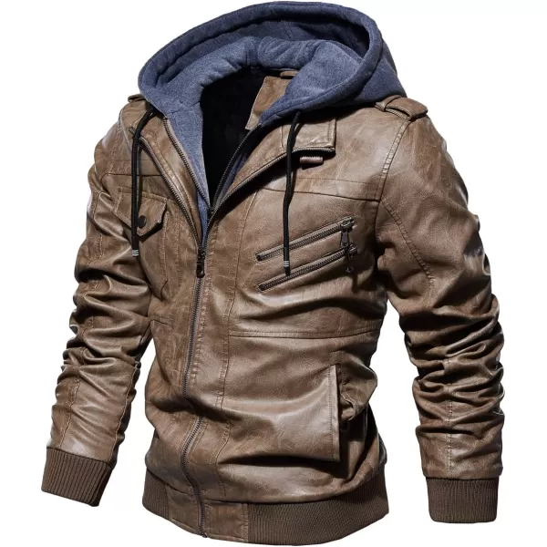 chouyatou Mens Vintage Removable Hooded Slim Motorcycle Faux Leather Bomber JacketKhaki
