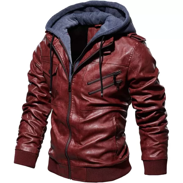 chouyatou Mens Vintage Removable Hooded Slim Motorcycle Faux Leather Bomber JacketWine
