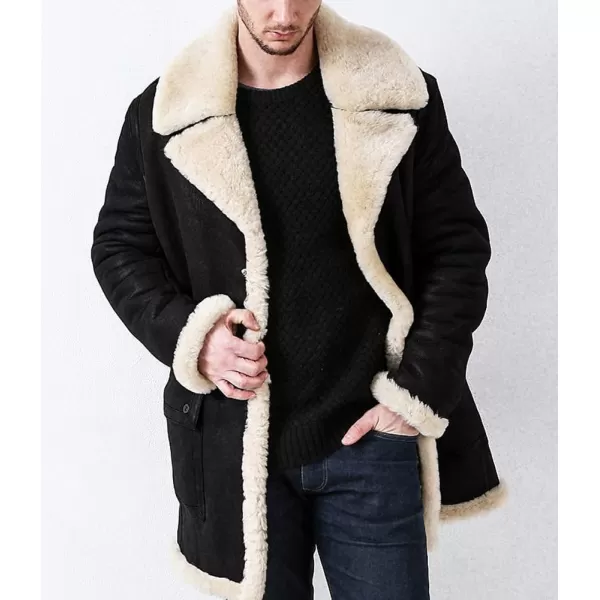 chouyatou Mens Winter Sherpa Fleece Notched Lapel Single Breasted Faux Suede Leather Trucker Jacket Trench CoatBlack