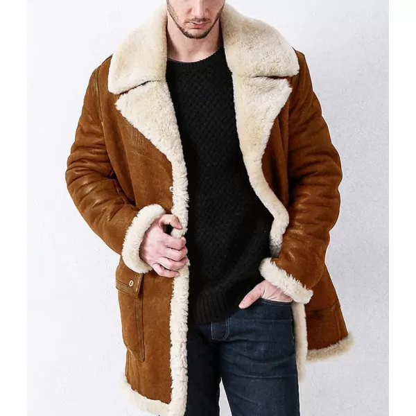 chouyatou Mens Winter Sherpa Fleece Notched Lapel Single Breasted Faux Suede Leather Trucker Jacket Trench CoatCamel Brown