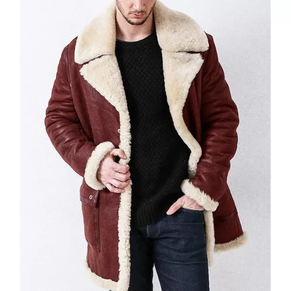 chouyatou Mens Winter Sherpa Fleece Notched Lapel Single Breasted Faux Suede Leather Trucker Jacket Trench CoatWine Red