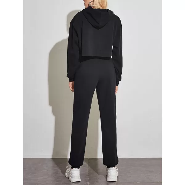 chouyatou Womens 2 Piece Outfits Drawstring Sweatsuits Crop Sweatshirt Hoodie High Waist Jogger Pants Sweatpants SetsBlack