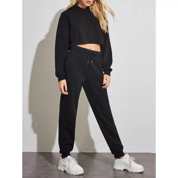 chouyatou Womens 2 Piece Outfits Drawstring Sweatsuits Crop Sweatshirt Hoodie High Waist Jogger Pants Sweatpants SetsBlack