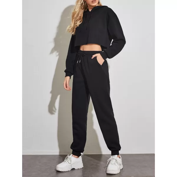 chouyatou Womens 2 Piece Outfits Drawstring Sweatsuits Crop Sweatshirt Hoodie High Waist Jogger Pants Sweatpants SetsBlack