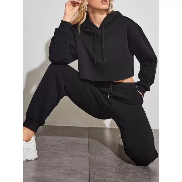 chouyatou Womens 2 Piece Outfits Drawstring Sweatsuits Crop Sweatshirt Hoodie High Waist Jogger Pants Sweatpants SetsBlack