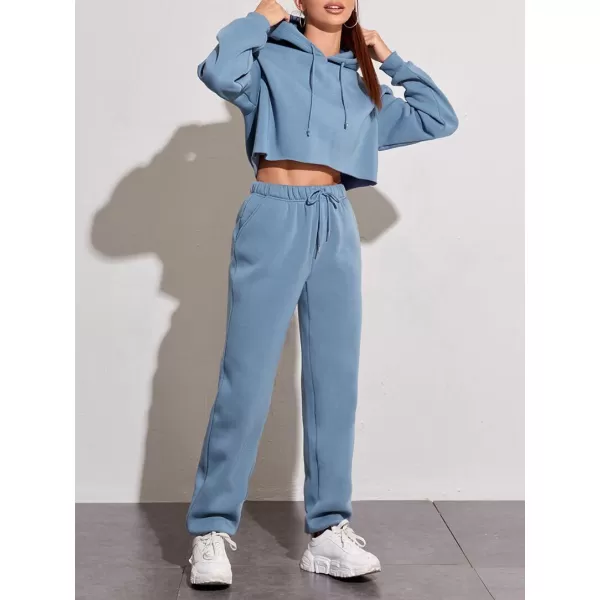 chouyatou Womens 2 Piece Outfits Drawstring Sweatsuits Crop Sweatshirt Hoodie High Waist Jogger Pants Sweatpants SetsBlue