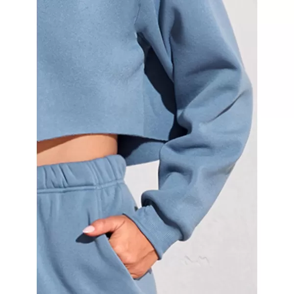 chouyatou Womens 2 Piece Outfits Drawstring Sweatsuits Crop Sweatshirt Hoodie High Waist Jogger Pants Sweatpants SetsBlue