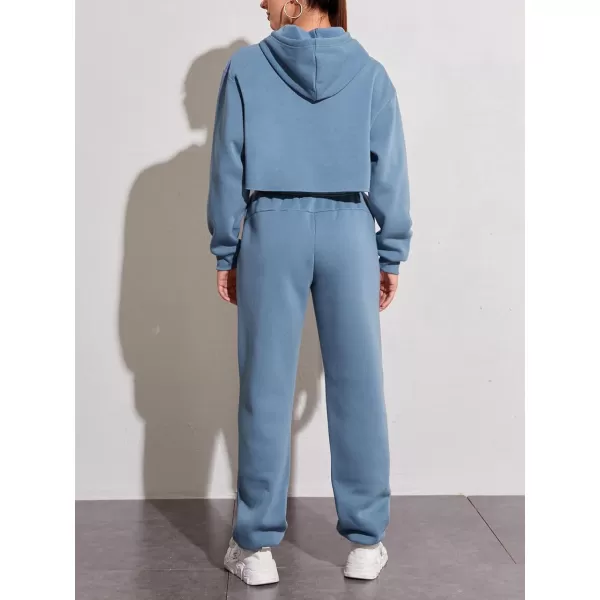 chouyatou Womens 2 Piece Outfits Drawstring Sweatsuits Crop Sweatshirt Hoodie High Waist Jogger Pants Sweatpants SetsBlue