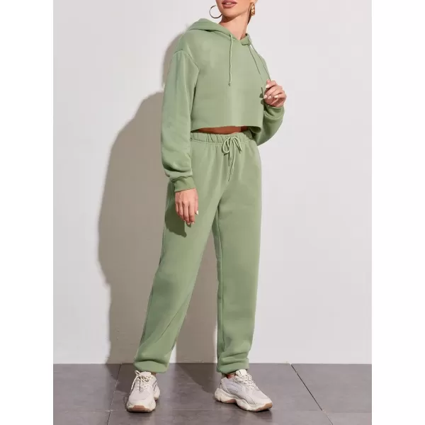 chouyatou Womens 2 Piece Outfits Drawstring Sweatsuits Crop Sweatshirt Hoodie High Waist Jogger Pants Sweatpants SetsGreen