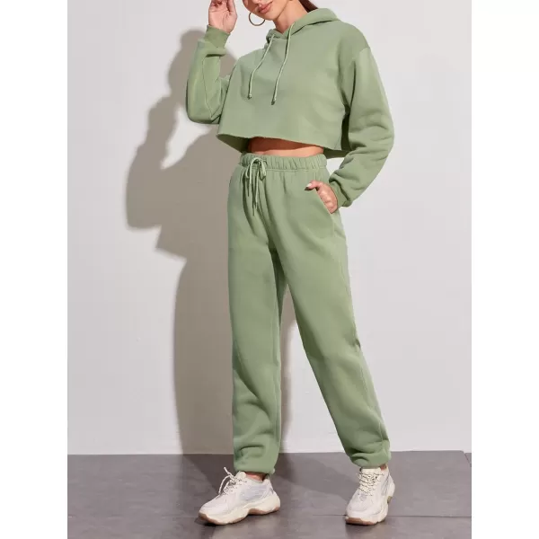 chouyatou Womens 2 Piece Outfits Drawstring Sweatsuits Crop Sweatshirt Hoodie High Waist Jogger Pants Sweatpants SetsGreen