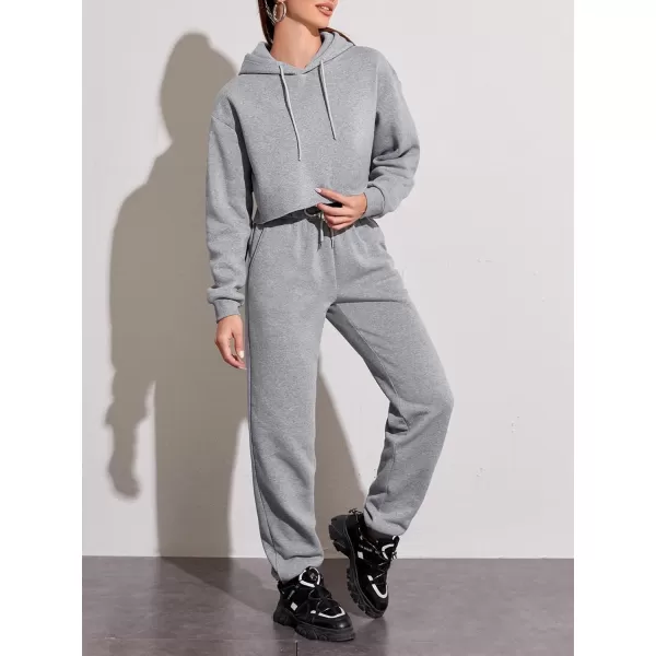 chouyatou Womens 2 Piece Outfits Drawstring Sweatsuits Crop Sweatshirt Hoodie High Waist Jogger Pants Sweatpants SetsGrey