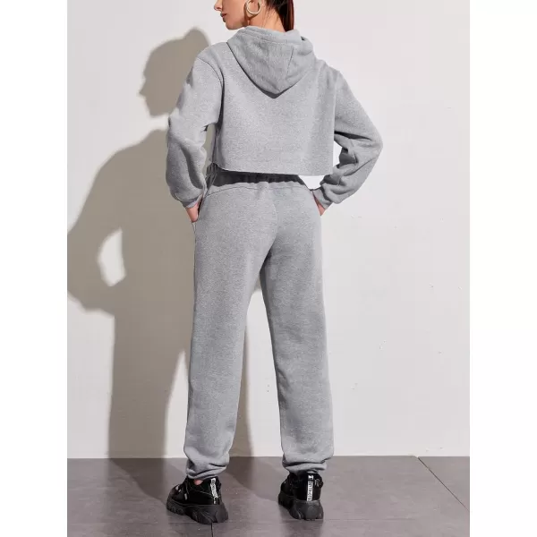 chouyatou Womens 2 Piece Outfits Drawstring Sweatsuits Crop Sweatshirt Hoodie High Waist Jogger Pants Sweatpants SetsGrey