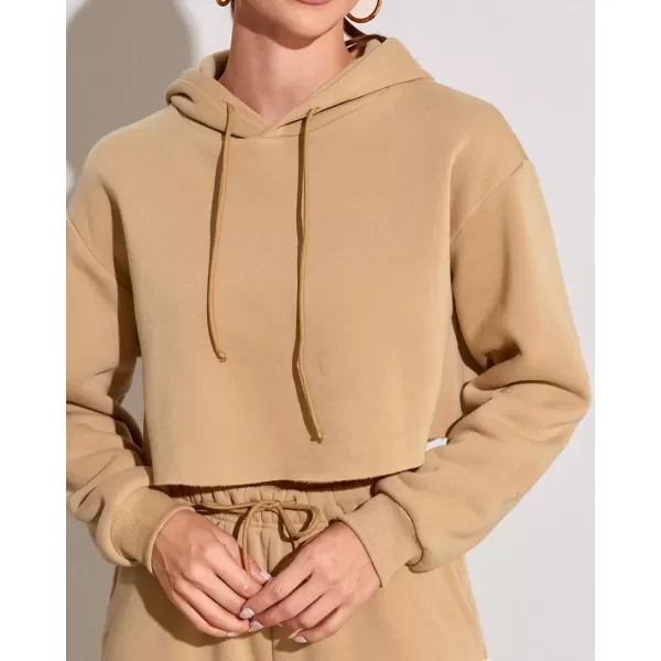 chouyatou Womens 2 Piece Outfits Drawstring Sweatsuits Crop Sweatshirt Hoodie High Waist Jogger Pants Sweatpants SetsKhaki