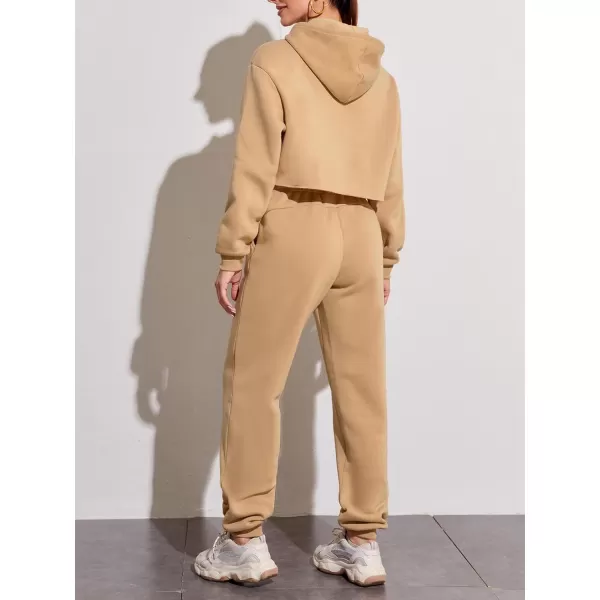 chouyatou Womens 2 Piece Outfits Drawstring Sweatsuits Crop Sweatshirt Hoodie High Waist Jogger Pants Sweatpants SetsKhaki