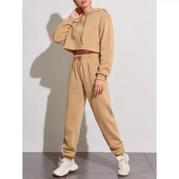 chouyatou Womens 2 Piece Outfits Drawstring Sweatsuits Crop Sweatshirt Hoodie High Waist Jogger Pants Sweatpants SetsKhaki