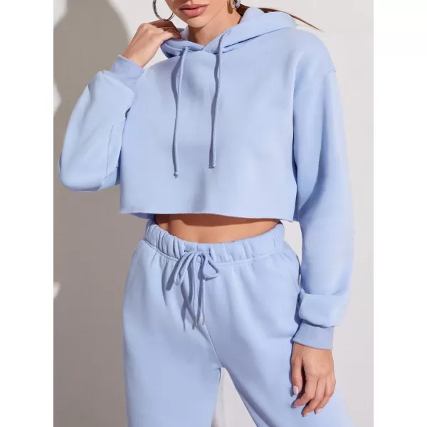 chouyatou Womens 2 Piece Outfits Drawstring Sweatsuits Crop Sweatshirt Hoodie High Waist Jogger Pants Sweatpants SetsLight Blue