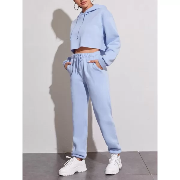 chouyatou Womens 2 Piece Outfits Drawstring Sweatsuits Crop Sweatshirt Hoodie High Waist Jogger Pants Sweatpants SetsLight Blue