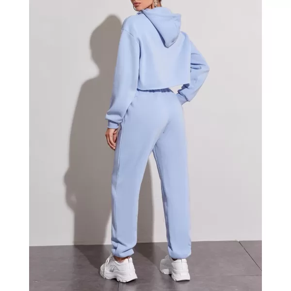 chouyatou Womens 2 Piece Outfits Drawstring Sweatsuits Crop Sweatshirt Hoodie High Waist Jogger Pants Sweatpants SetsLight Blue