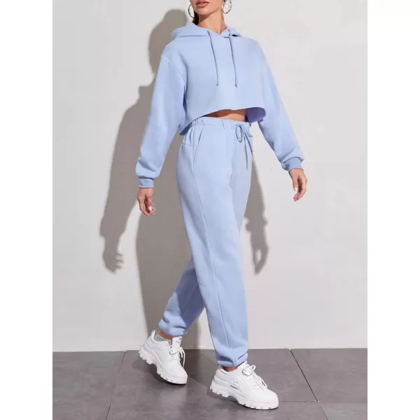 chouyatou Womens 2 Piece Outfits Drawstring Sweatsuits Crop Sweatshirt Hoodie High Waist Jogger Pants Sweatpants SetsLight Blue