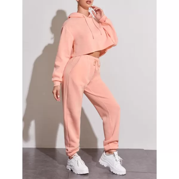 chouyatou Womens 2 Piece Outfits Drawstring Sweatsuits Crop Sweatshirt Hoodie High Waist Jogger Pants Sweatpants SetsPink