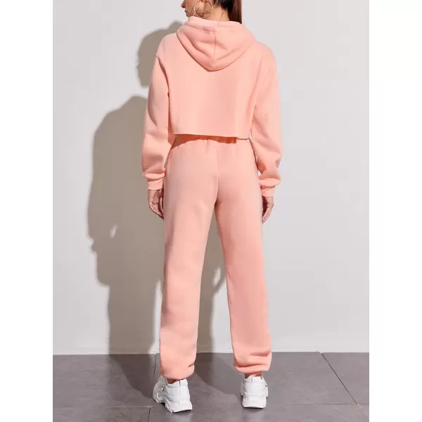 chouyatou Womens 2 Piece Outfits Drawstring Sweatsuits Crop Sweatshirt Hoodie High Waist Jogger Pants Sweatpants SetsPink