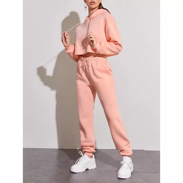 chouyatou Womens 2 Piece Outfits Drawstring Sweatsuits Crop Sweatshirt Hoodie High Waist Jogger Pants Sweatpants SetsPink