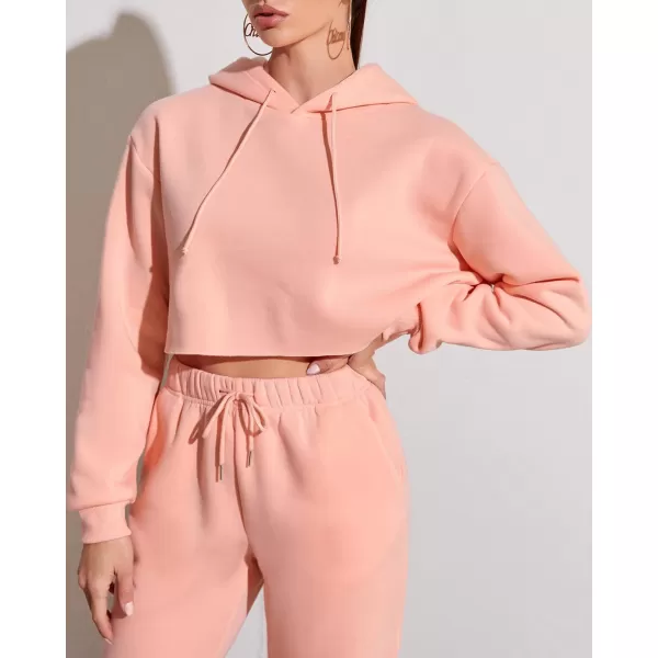 chouyatou Womens 2 Piece Outfits Drawstring Sweatsuits Crop Sweatshirt Hoodie High Waist Jogger Pants Sweatpants SetsPink