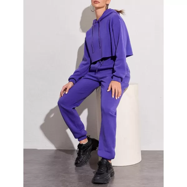 chouyatou Womens 2 Piece Outfits Drawstring Sweatsuits Crop Sweatshirt Hoodie High Waist Jogger Pants Sweatpants SetsPurple